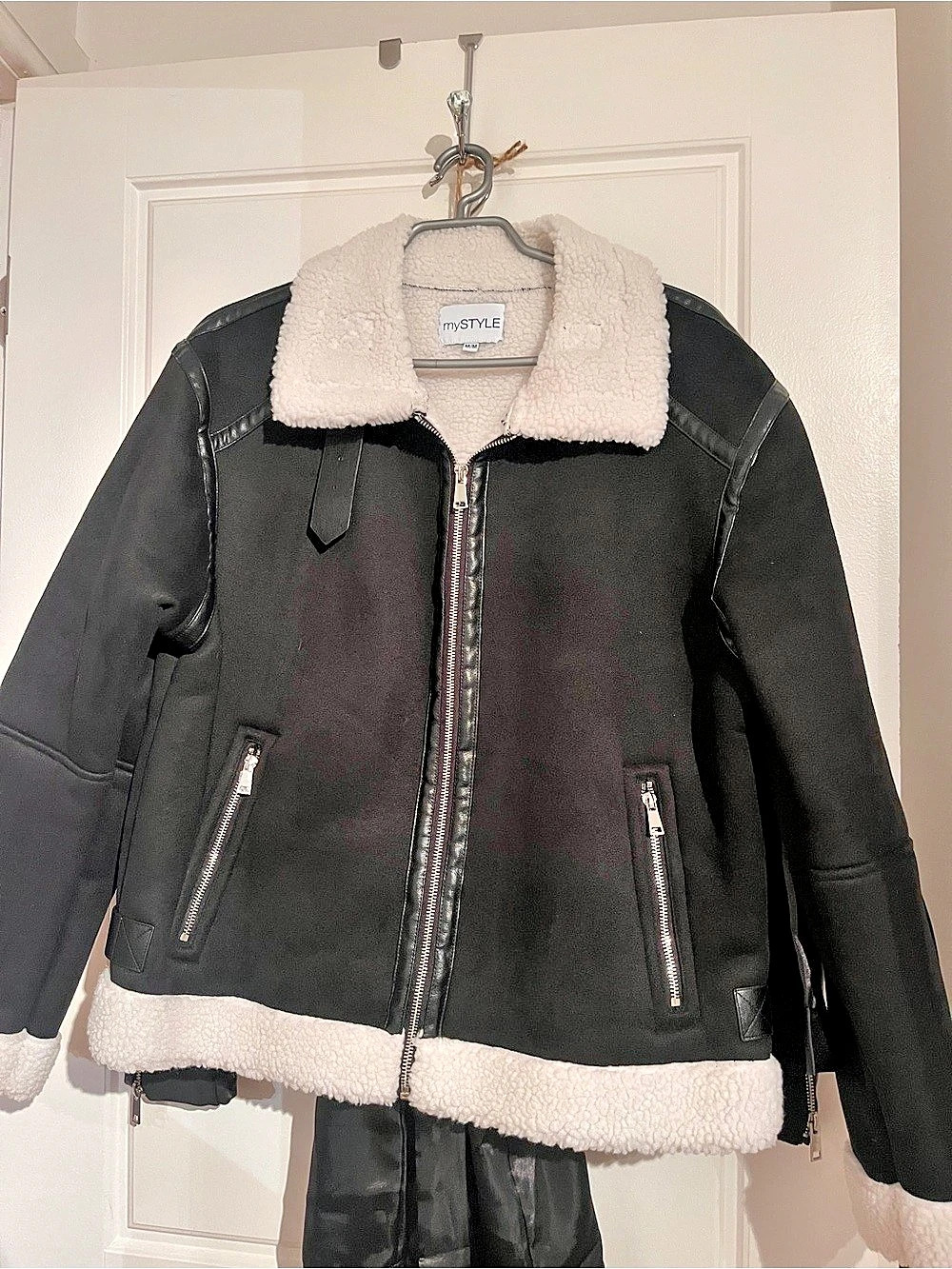 mySTYLE Teddy Shearling-Trim Jacket in Black & White Size Medium